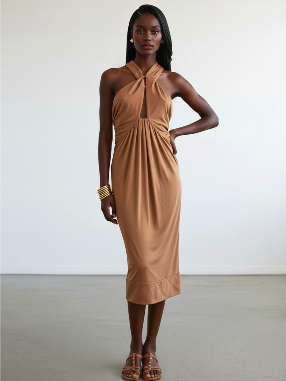 Diane Von Furstenberg Camel Halter Twist Midi Dress